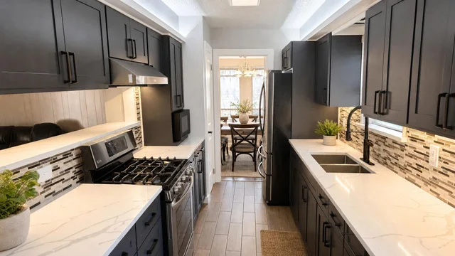 Galley kitchen with dark cabinetry, marble-look countertops, stainless steel oven and fridge, and tiled backsplash under window.