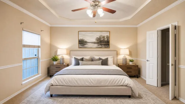 Luxury bedroom with large beige upholstered bed, two brown nightstands with lamps, a ceiling fan, and beige carpet.