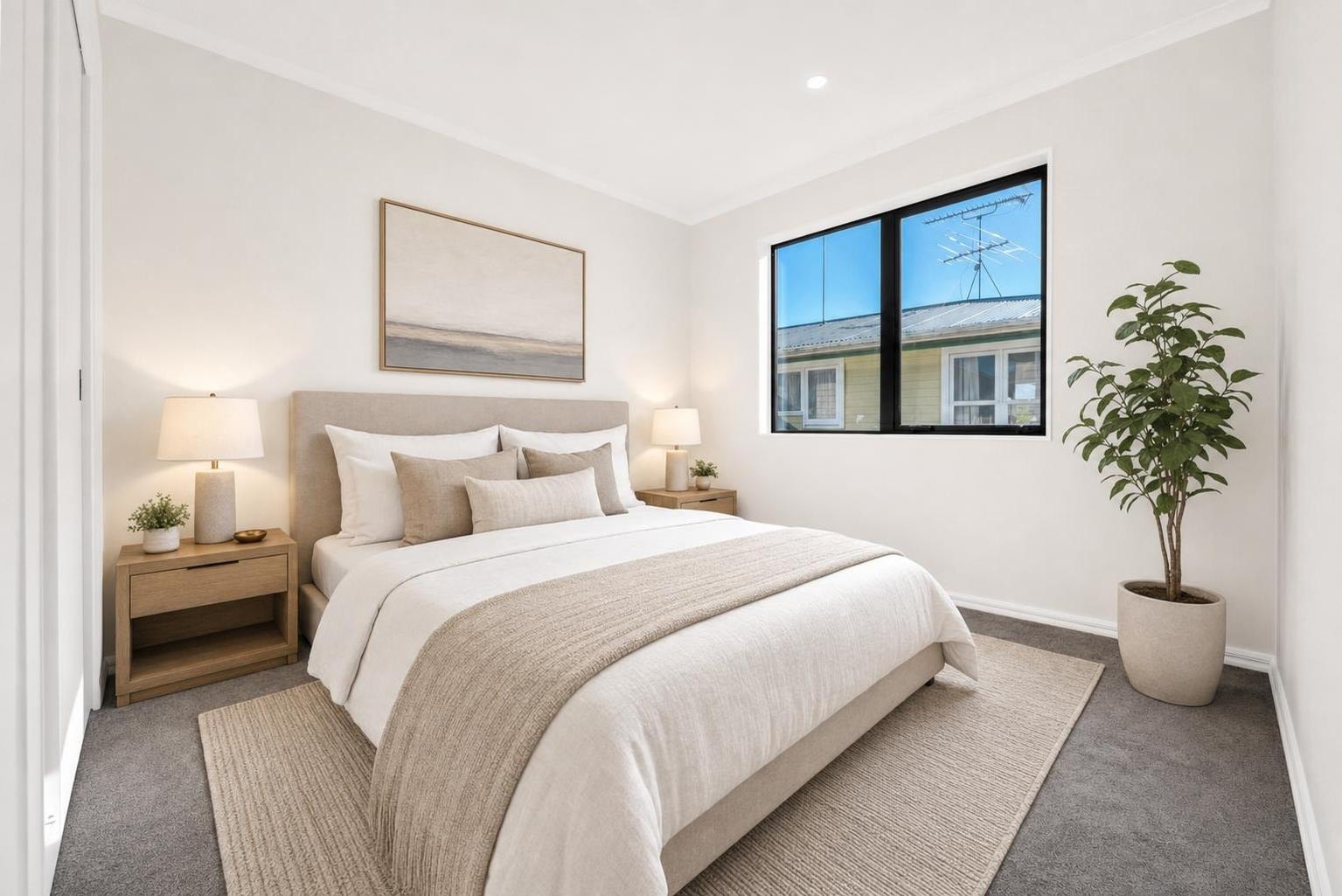 Modern bedroom with beige upholstered bed, layered neutral bedding, two wooden nightstands with lamps, a large window, and a potted plant in a beige pot.