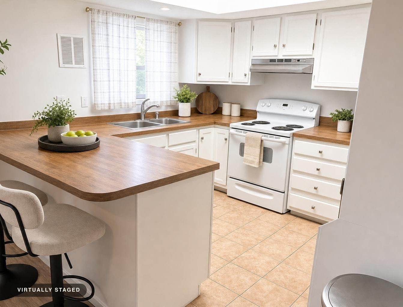 Modern kitchen with white cabinets, wood-tone counters, a white stove, and two fabric-covered bar stools.