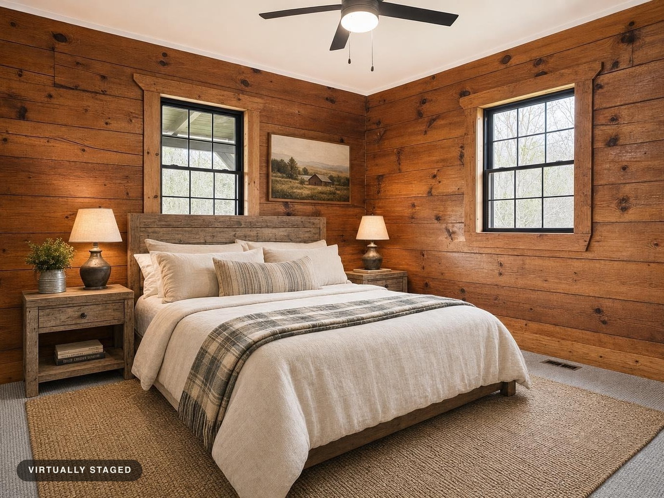 Rustic bedroom with two windows, wood-paneled walls, a bed with beige bedding and plaid throw, flanked by wooden nightstands and lamps.