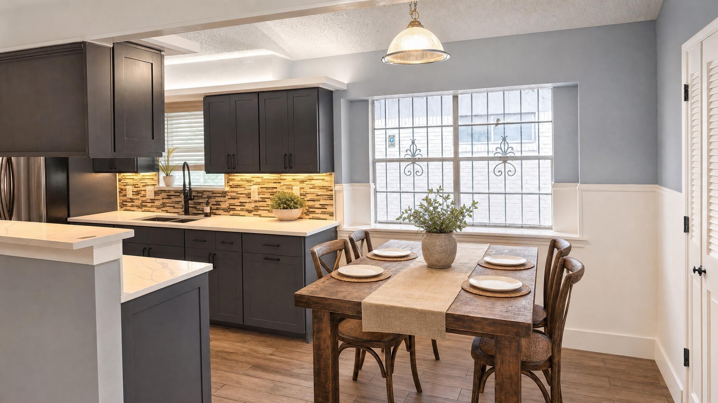 Dining room with rustic wood table, four wood chairs, dark kitchen cabinets, and large window with white framing.