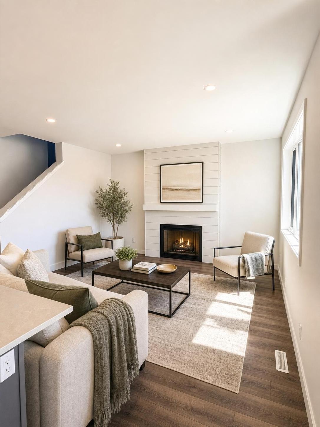 Modern living room with beige sofa, two cream armchairs, rectangular dark wood coffee table, beige rug, and a fireplace with framed art above.