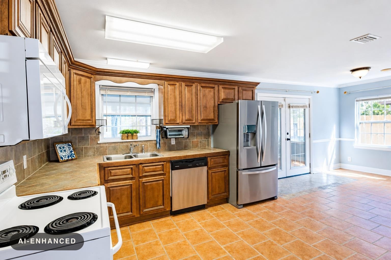 Kitchen with wooden cabinetry, stainless steel fridge and dishwasher, white stove, and tiled floor with light blue walls.