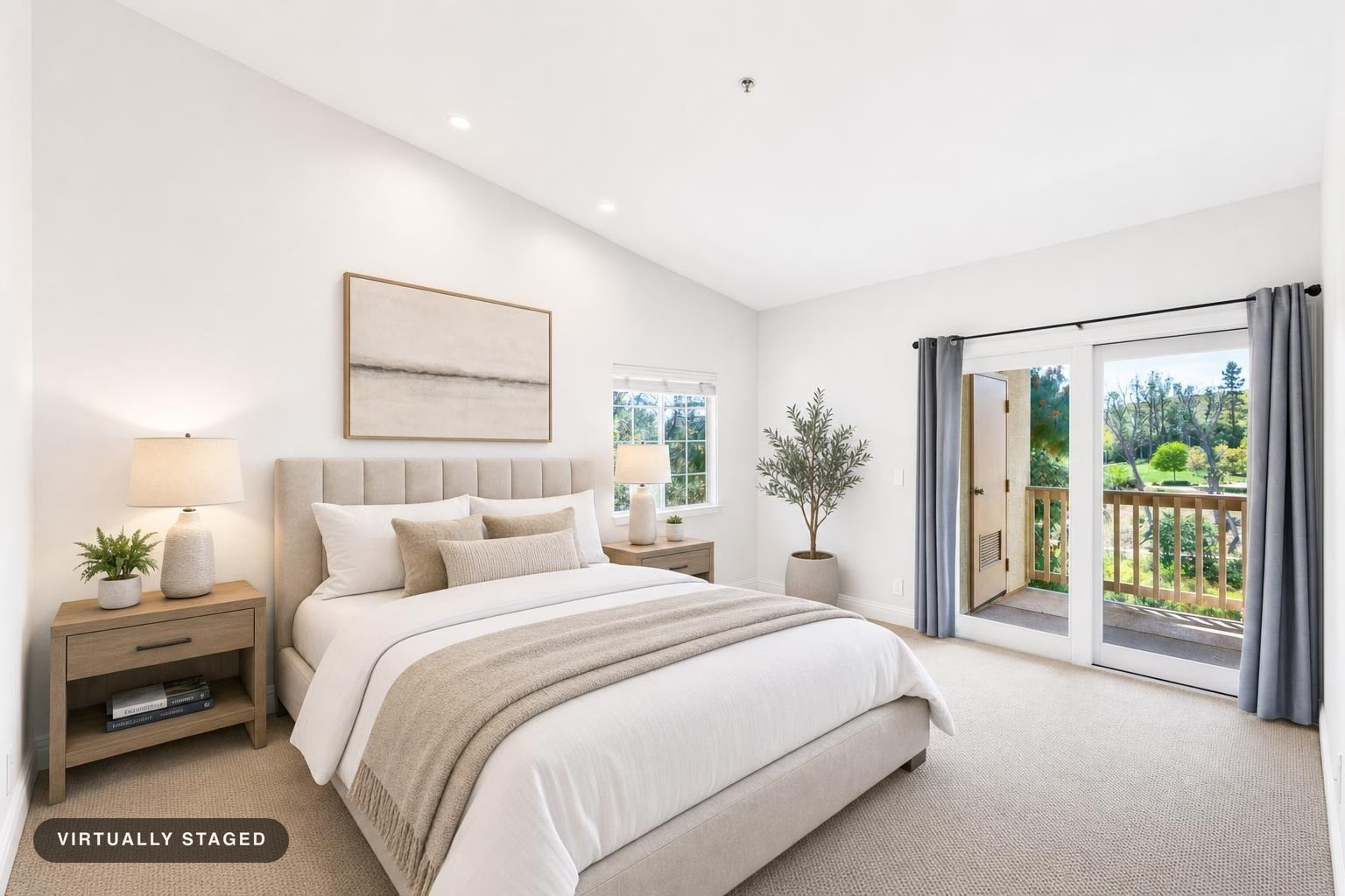 Bright modern bedroom with beige upholstered bed, neutral linens, wood nightstands, potted plant, and glass doors leading to balcony.