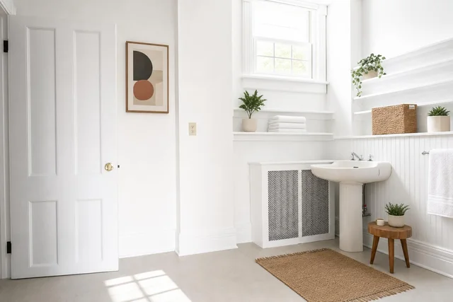 White bathroom with pedestal sink, small wooden stool, woven rug and basket, and small green plants on shelves.