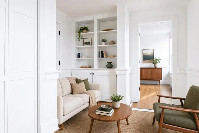 Living room with beige sofa, olive-green armchair, round wooden coffee table, and built-in white shelving with decor.