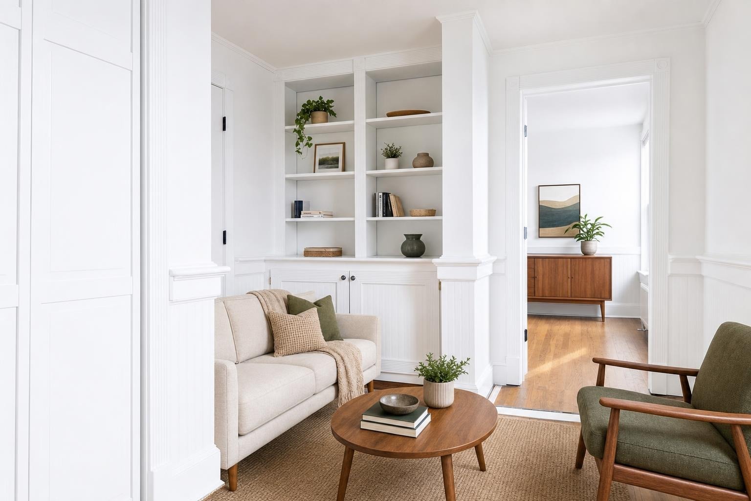 Living room with beige sofa, olive-green armchair, round wooden coffee table, and built-in white shelving with decor.