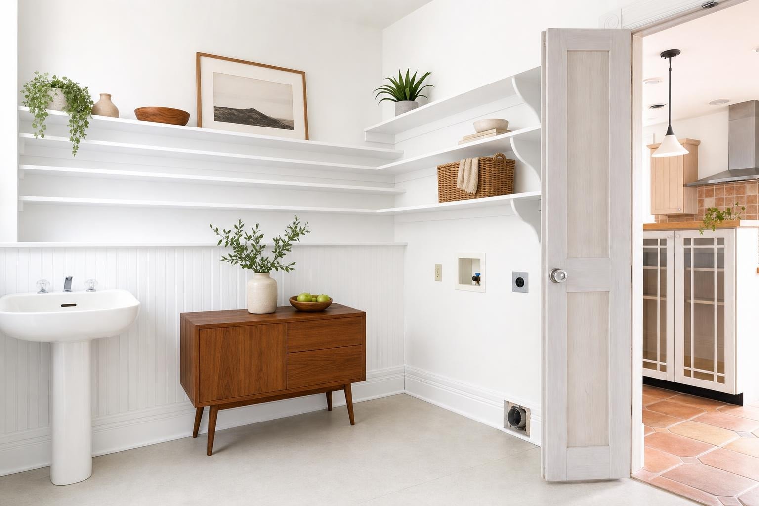 White wall with pedestal sink, wooden midcentury sideboard, white floating shelves with plants and basket, and open door to kitchen.