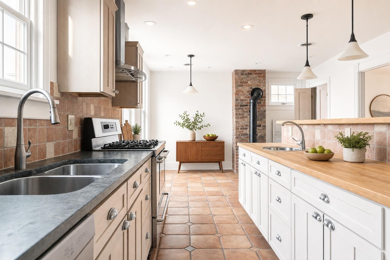 Bright kitchen with white and wood cabinets, tiled floor, wood countertop island with sink, and wood sideboard against brick column.