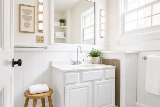 White bathroom with vanity, large mirror, chrome faucet, wooden stool holding a rolled towel, and white walls with beadboard.