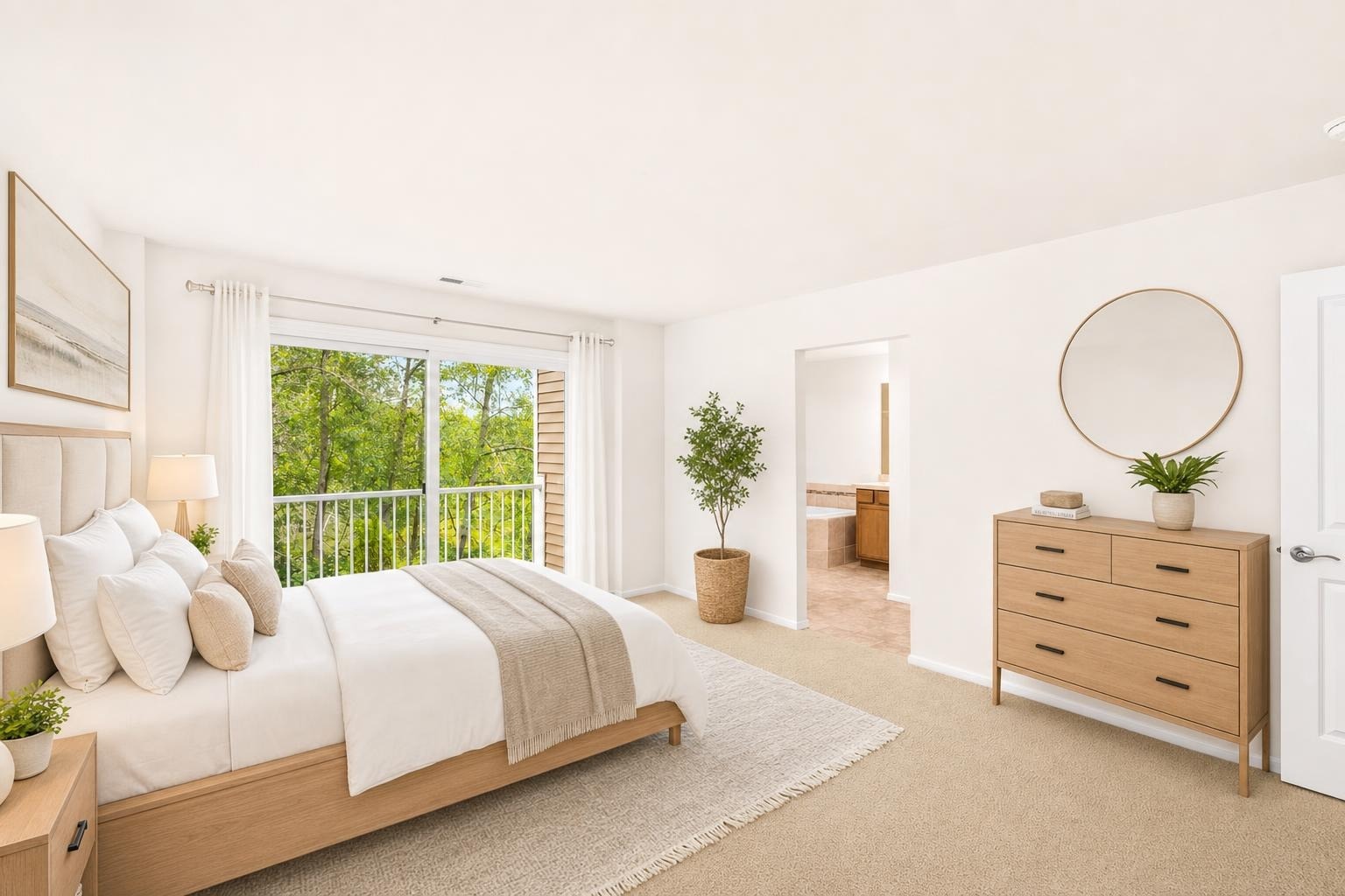 Bright bedroom with light wood bed, dresser, neutral pillows and blankets, large window with curtains, and potted plant.