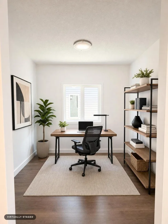 Modern office room with wood desk, ergonomic black office chair, black metal shelving with books and plants, and abstract wall art.