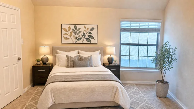 Modern bedroom with beige upholstered bed, neutral bedding, two dark wood nightstands with lamps, a large window, and a potted plant.