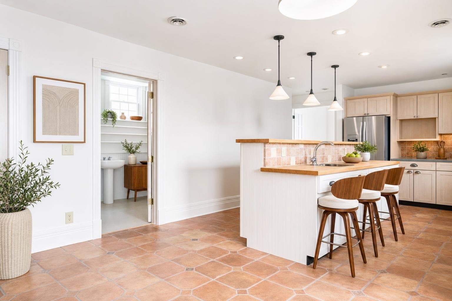 Bright modern kitchen featuring light wood cabinets, white island with wood countertop, three wood and white cushioned bar stools, and tiled floor.
