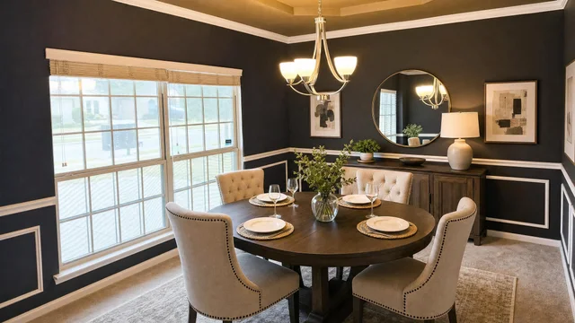 luxury dining room with round dark wood table, cream tufted dining chairs, dark walls with white molding, and a sideboard under a round mirror