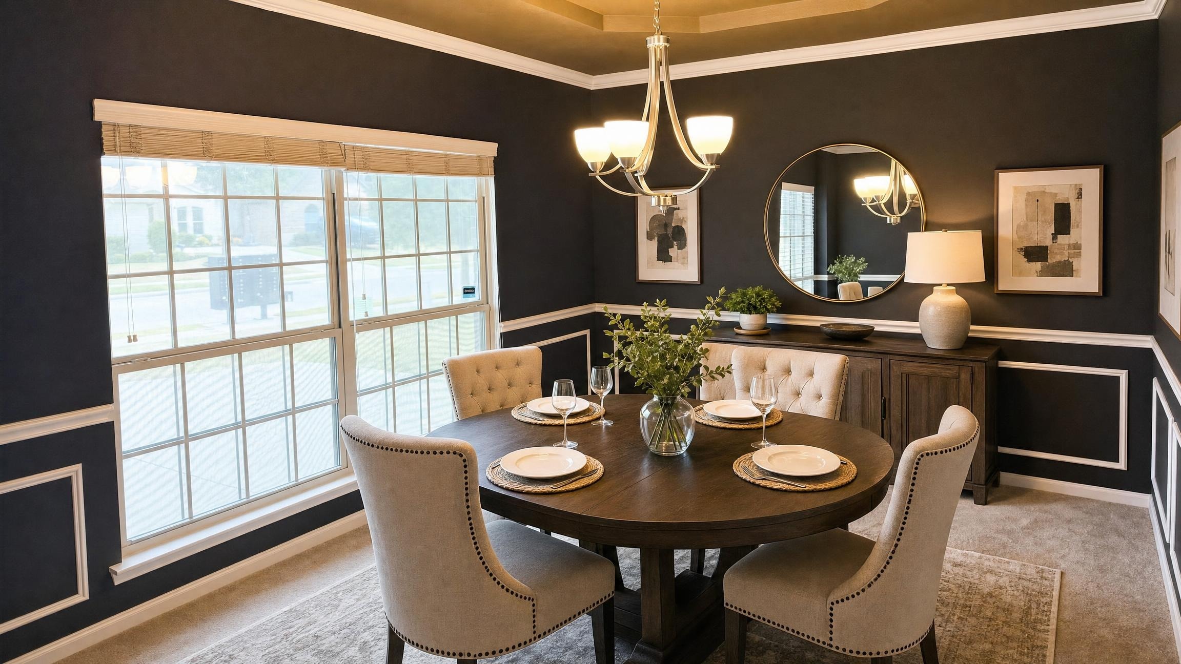 luxury dining room with round dark wood table, cream tufted dining chairs, dark walls with white molding, and a sideboard under a round mirror