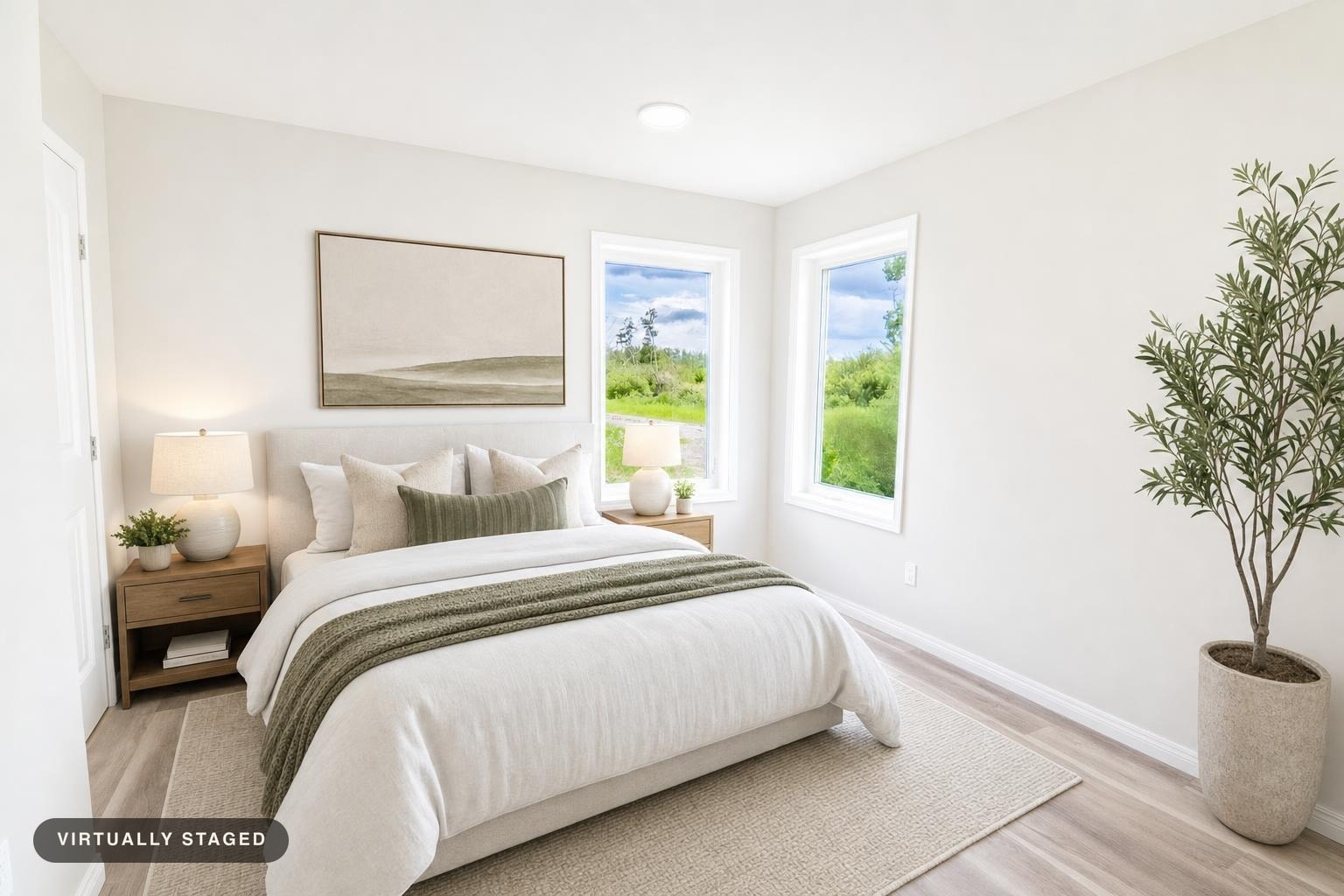 Bright modern bedroom with white walls, large bed with white and beige bedding, two natural wood nightstands with lamps, and a tall potted plant.