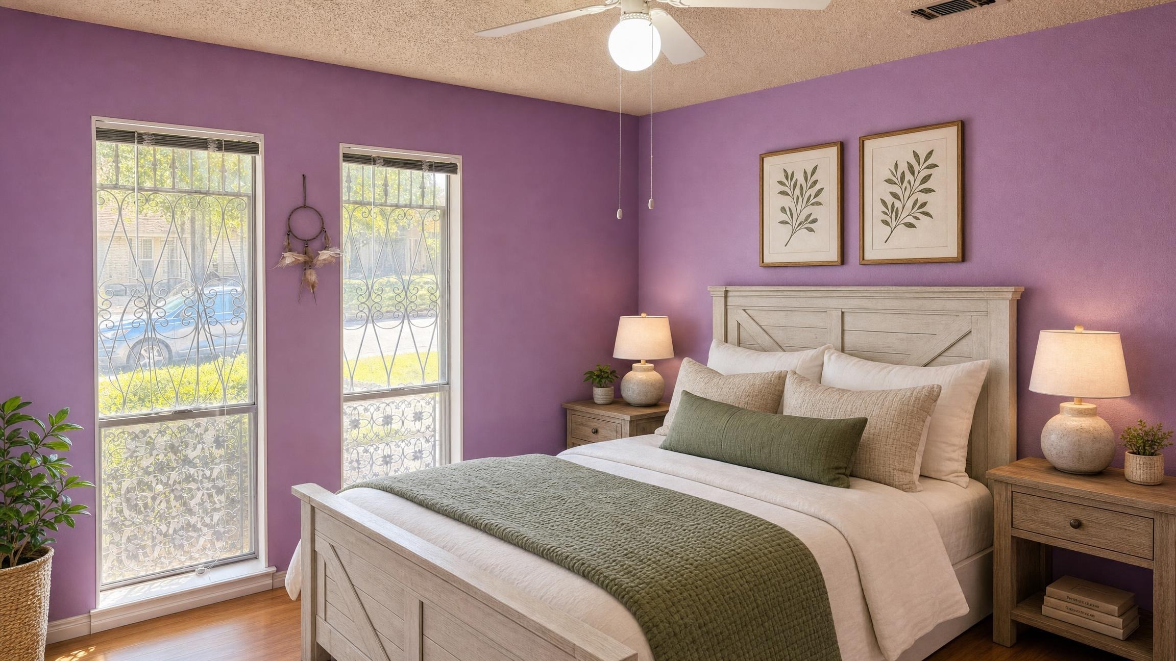 Bedroom with white wood bed, green throw and pillow, two wooden nightstands with lamps, and purple walls with two framed plant prints.
